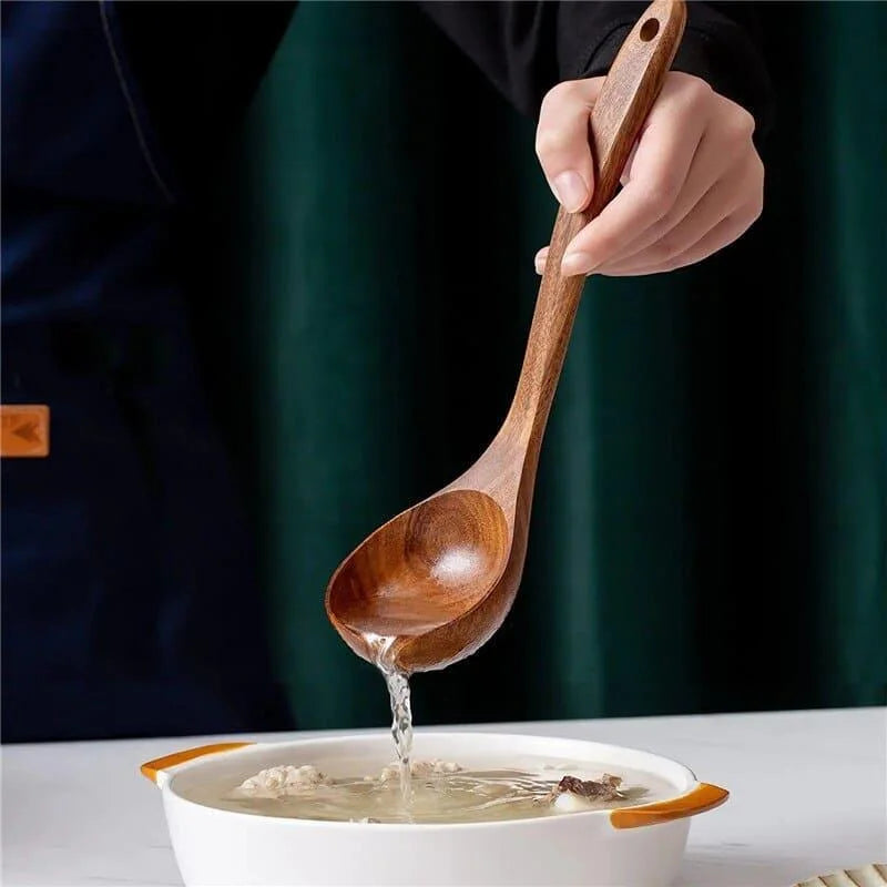 Kit Utensílios de Cozinha 7 Peças em Madeira Teca