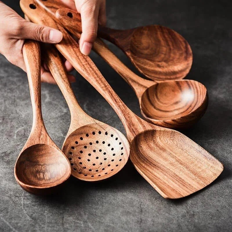 Kit Utensílios de Cozinha 7 Peças em Madeira Teca