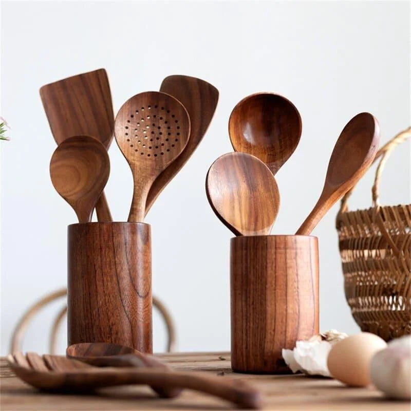 Kit Utensílios de Cozinha 7 Peças em Madeira Teca