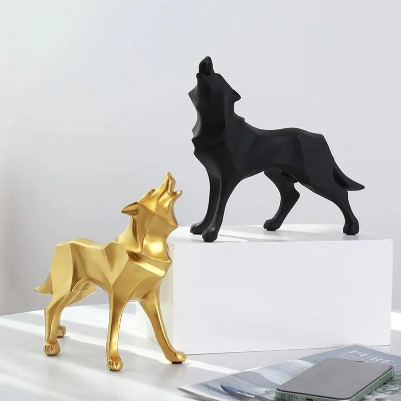 Estátua de Lobo Geométrico em Resina Estilo Nórdico