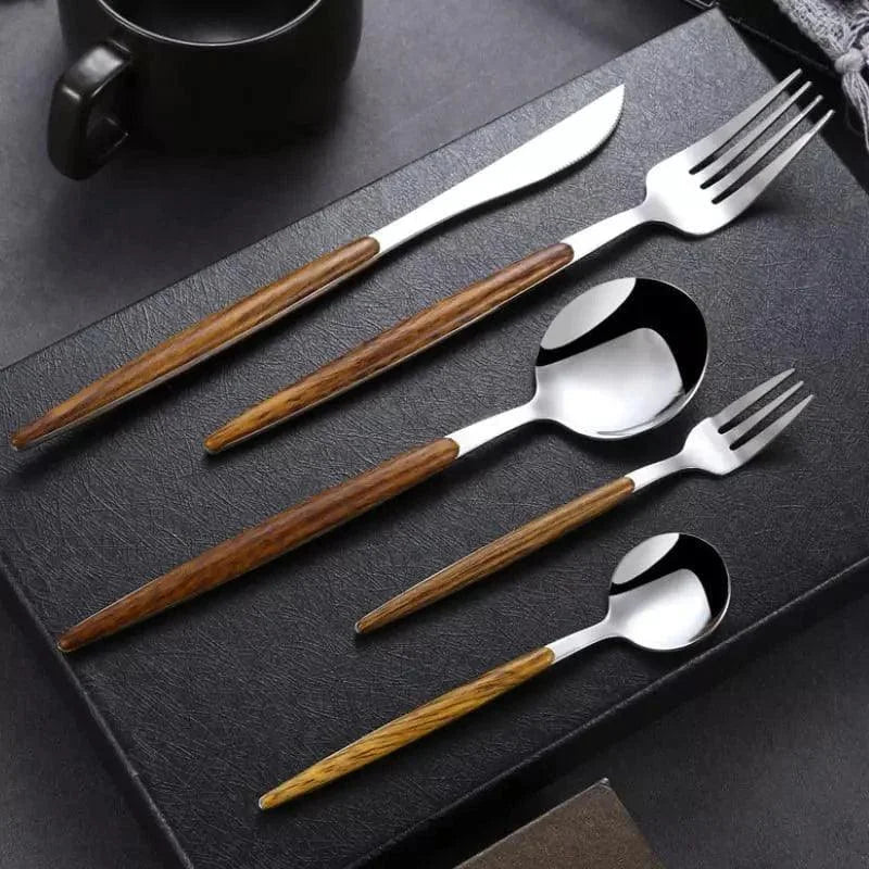 Jogo de Talheres de Aço Inox 30 Peças com Cabo Amadeirado