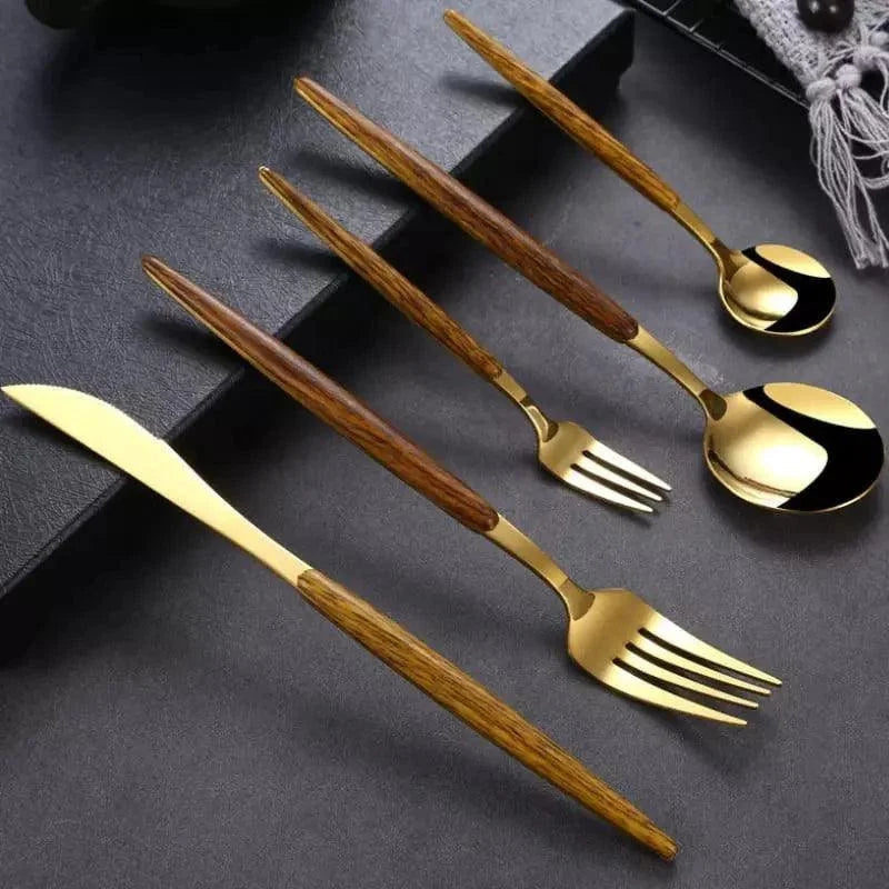 Jogo de Talheres de Aço Inox 30 Peças com Cabo Amadeirado