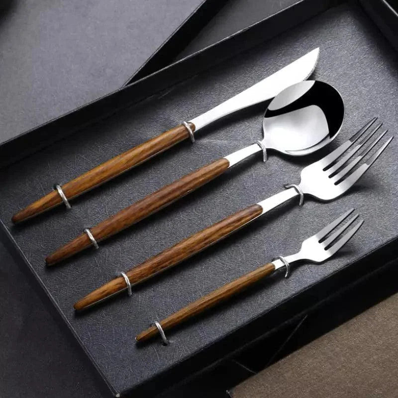 Jogo de Talheres de Aço Inox 30 Peças com Cabo Amadeirado