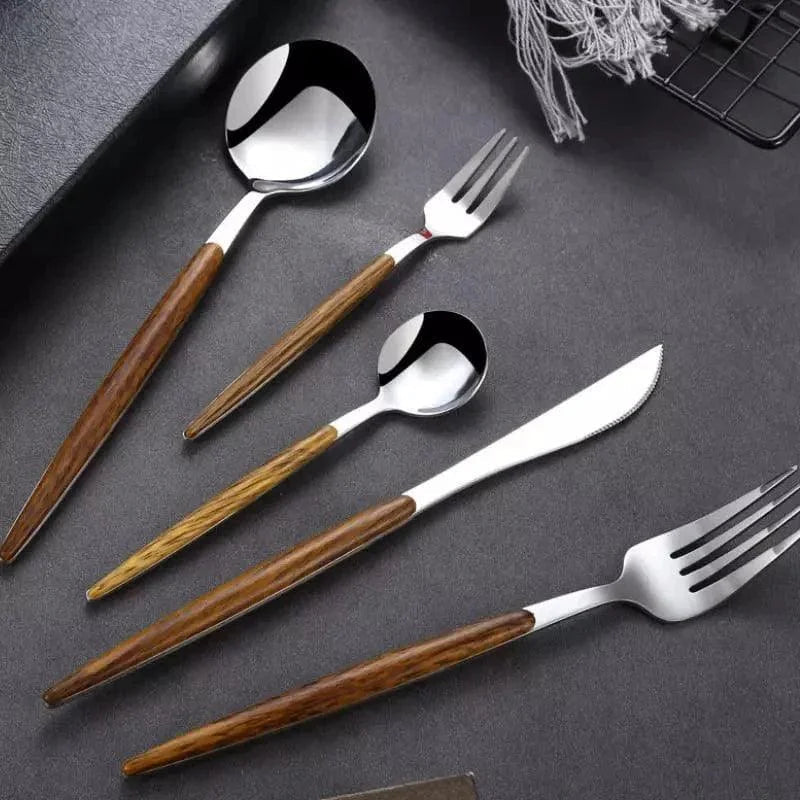 Jogo de Talheres de Aço Inox 30 Peças com Cabo Amadeirado