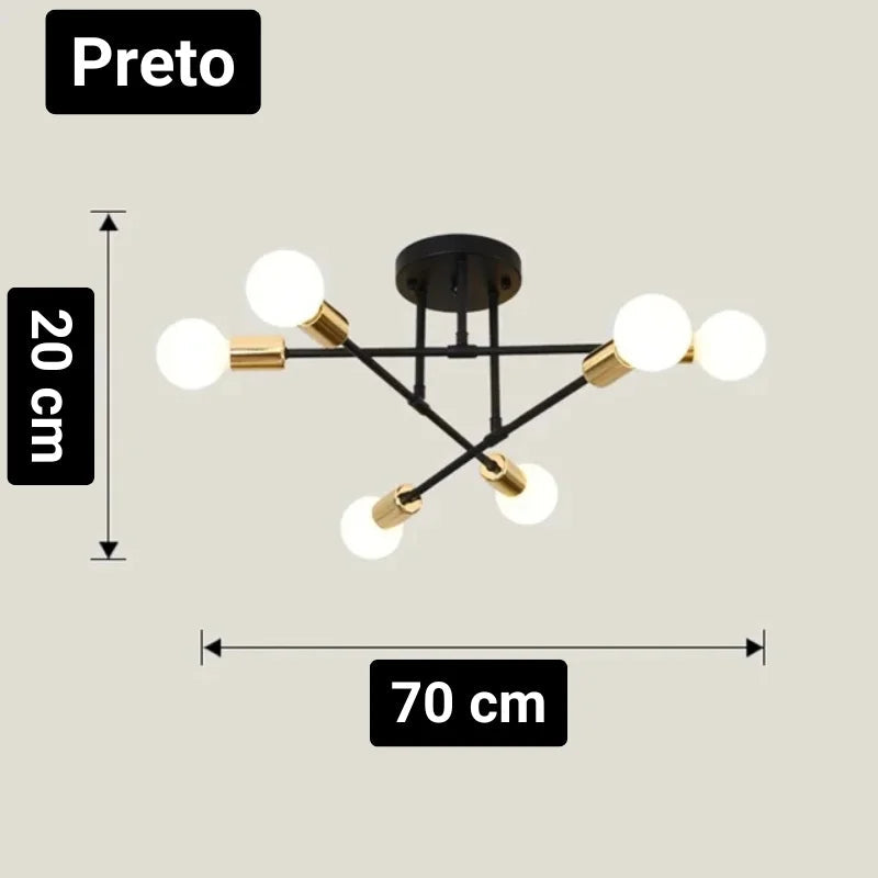 Lustre Led Nórdico Preto e Dourado para Quarto e Sala