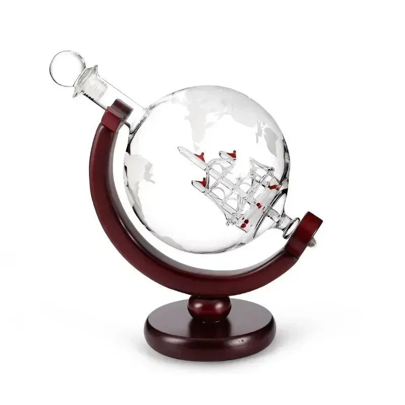Conjunto Decanter Globo de Vidro com Suporte de Madeira e 2 Copos