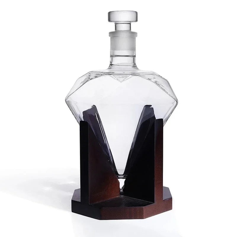 Decanter de Vidro em Formato Diamante com Suporte de Madeira