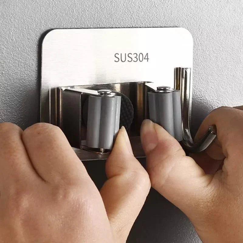 Suporte de Vassoura Adesivo de Parede em Aço Inox com Gancho