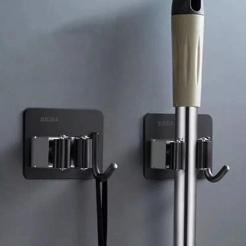 Suporte de Vassoura Adesivo de Parede em Aço Inox com Gancho